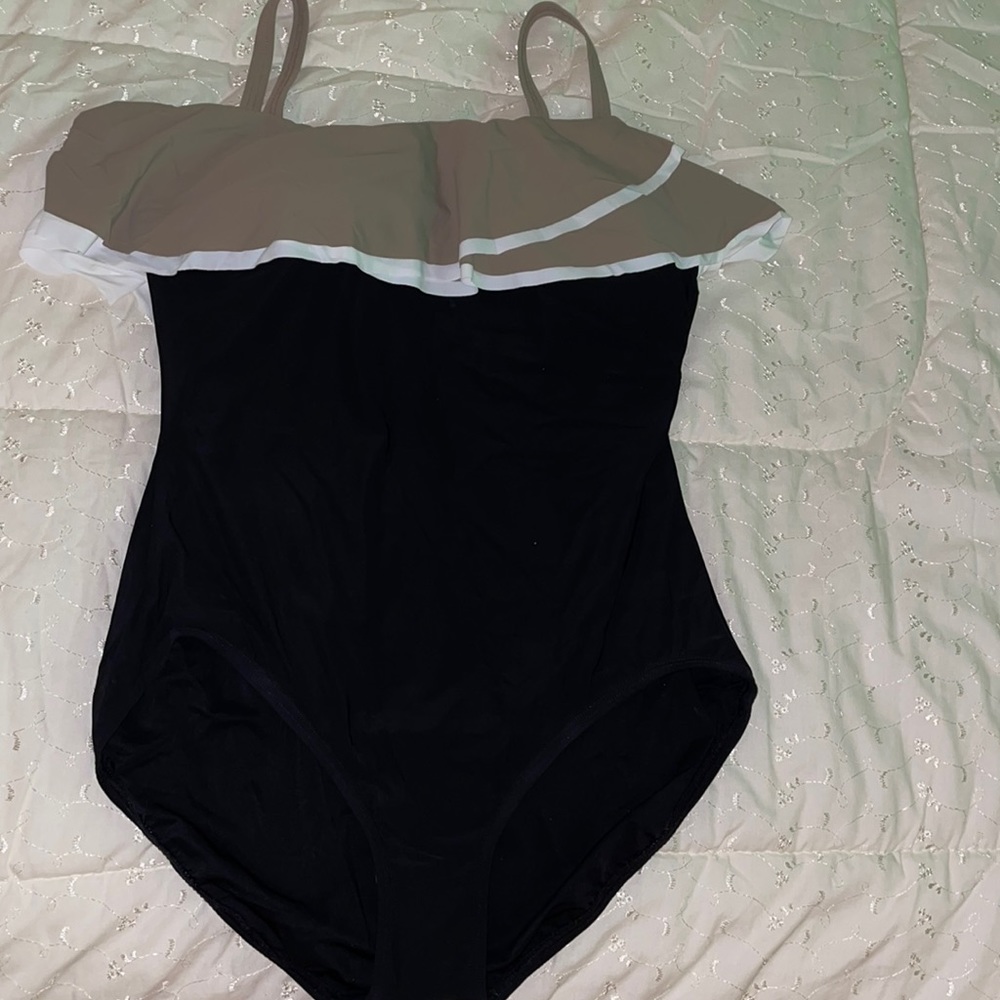Coco Reef Black One-Piece Swimsuit with Taupe Ruffle